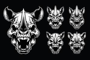 Dark Art Scary Angry Beast Rhino Skull Head with Sharp Horn Black and White Illustration vector