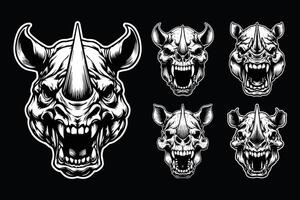 Dark Art Scary Angry Beast Rhino Skull Head with Sharp Horn Black and White Illustration vector