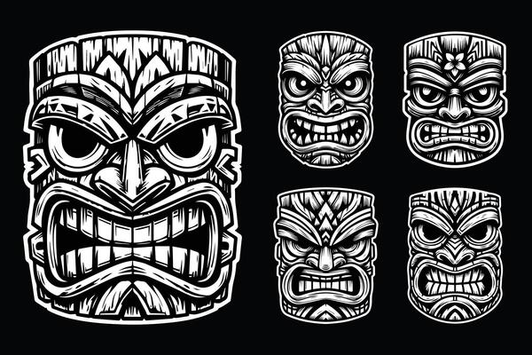 Dark Art Traditional Tribal Mask Expression Black and White Illustration