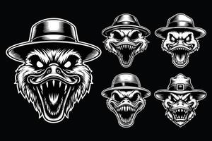 Dark Art Creepy Angry Duck Head with Hat Black and White Illustration vector