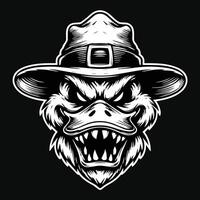 Dark Art Creepy Angry Duck Head with Hat Black and White Illustration vector