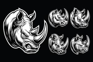 Dark Art Rhino Wild Head with Sharp Horn Black and White Illustration vector