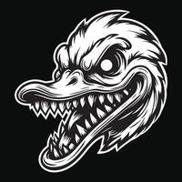 Dark Art Angry Scary Duck Head with Sharp Teeth Black and White Illustration vector