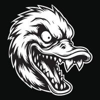Dark Art Angry Scary Duck Head with Sharp Teeth Black and White Illustration vector
