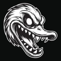 Dark Art Angry Scary Duck Head with Sharp Teeth Black and White Illustration vector