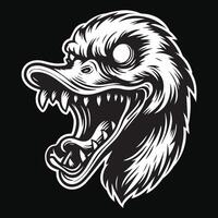 Dark Art Angry Scary Duck Head with Sharp Teeth Black and White Illustration vector