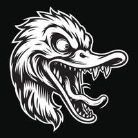 Dark Art Angry Scary Duck Head with Sharp Teeth Black and White Illustration vector