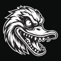 Dark Art Angry Scary Duck Head with Sharp Teeth Black and White Illustration vector