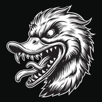 Dark Art Angry Scary Duck Head with Sharp Teeth Black and White Illustration vector
