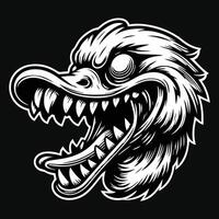 Dark Art Angry Scary Duck Head with Sharp Teeth Black and White Illustration vector