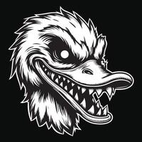 Dark Art Angry Scary Duck Head with Sharp Teeth Black and White Illustration vector