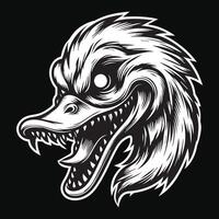 Dark Art Angry Scary Duck Head with Sharp Teeth Black and White Illustration vector