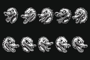 Dark Art Angry Scary Duck Head with Sharp Teeth Black and White Illustration vector