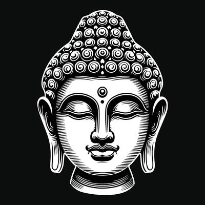 Dark Art Ancient Buddha Statue Head Black and White Illustration
