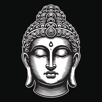 Dark Art Ancient Buddha Statue Head Black and White Illustration