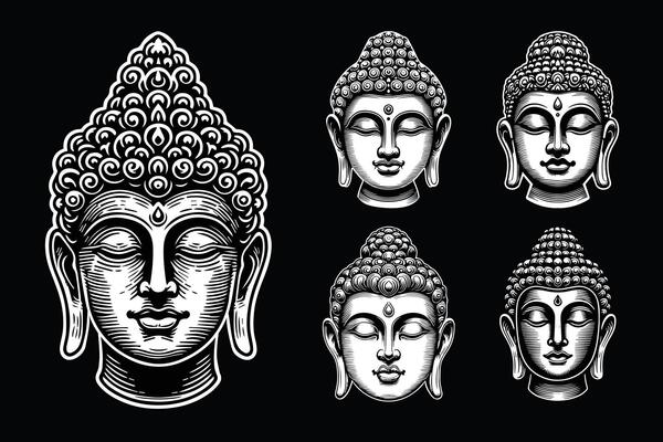 Dark Art Ancient Buddha Statue Head Black and White Illustration