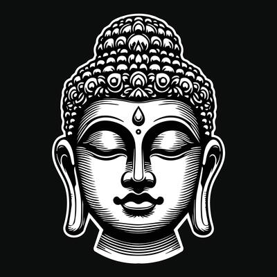 Dark Art Ancient Buddha Statue Head Black and White Illustration