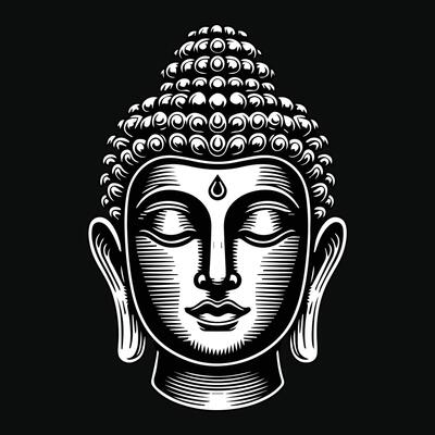 Dark Art Ancient Buddha Statue Head Black and White Illustration