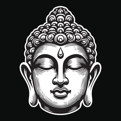 Dark Art Ancient Buddha Statue Head Black and White Illustration