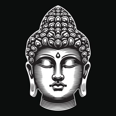 Dark Art Ancient Buddha Statue Head Black and White Illustration