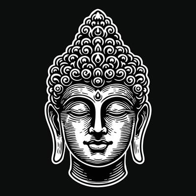 Dark Art Ancient Buddha Statue Head Black and White Illustration