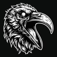 Dark Art Scary Angry Crow Head with Sharp Beak Black and White Illustration vector