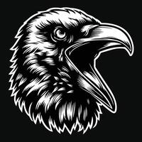 Dark Art Scary Angry Crow Head with Sharp Beak Black and White Illustration vector