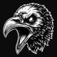 Dark Art Scary Angry Crow Head with Sharp Beak Black and White Illustration vector