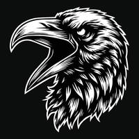 Dark Art Scary Angry Crow Head with Sharp Beak Black and White Illustration vector