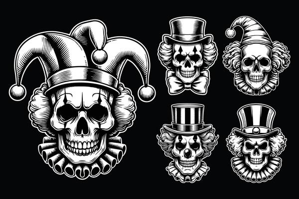 Dark Art Creepy Angry Clown Skull Head with Hat Black and White Illustration