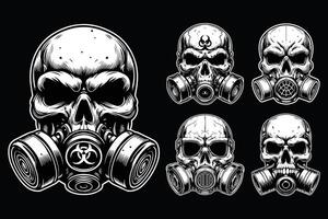 Dark Art Skull Skeleton Head Use Gas Mask Black and White Illustration vector
