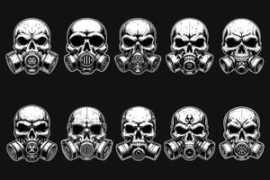 Dark Art Skull Skeleton Head Use Gas Mask Black and White Illustration vector