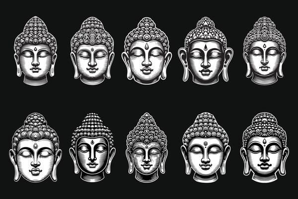 Dark Art Ancient Buddha Statue Head Black and White Illustration