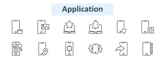 Application set icon. Mobile and desktop functions including calendar, photo gallery, favorites, notifications, security, uploads, search, location, settings, rotation, share. Digital communication vector