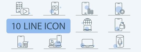 Mobile and digital devices line icons set. Smartphone, laptop, tablet, microphone, play button, wallet. Technology, digital communication concept vector