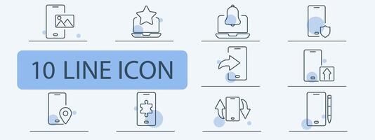 Mobile application line icons set. Image, star, notification, upload, location, puzzle, arrow, edit. Mobile app, user interface, digital concept vector