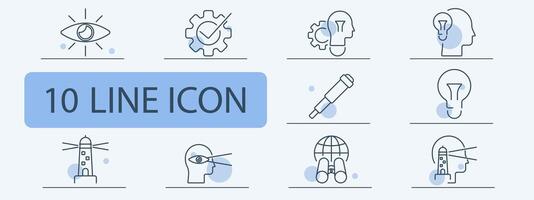 Vision and innovation line icons set. Eye, settings gear, human head, telescope, light bulb, lighthouse, binoculars, world globe, analytics chart. Creativity, discovery, research concept vector