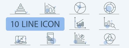 Business analysis line icons set. Pyramid chart, declining bar graph, pie chart, financial growth, market research, computer analysis, mobile analytics. Data, finance, strategy concept vector
