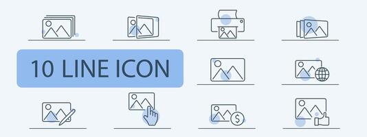 Image management line icons set. Photo album, picture frame, printer, gallery, image edit, favorite photo, photography, visual content. Digital media, creative work, picture storage concept vector