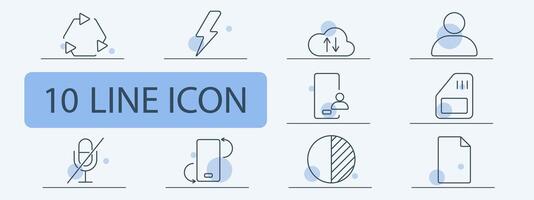 Technology and communication line icons set. Recycling, lightning bolt, cloud storage, user profile, microphone, document, interface, data transfer. Digital, tech services, connectivity concept vector