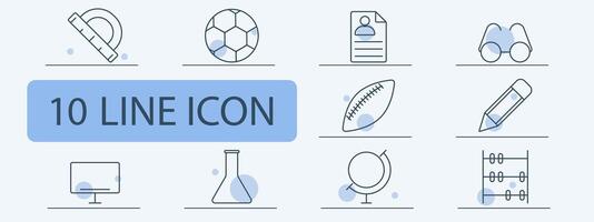 Sports and education line icons set. Protractor, soccer ball, resume, football, binoculars, pencil, computer monitor, flask, globe, abacus. School, learning, physical activity concept vector