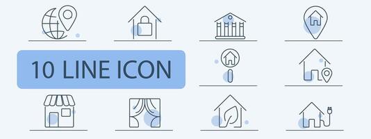 Property and location line icons set. Globe with pin, house with lock, courthouse, home pin, storefront, curtains, house leaf, eco friendly home, smart home. Real estate, environment, technology vector