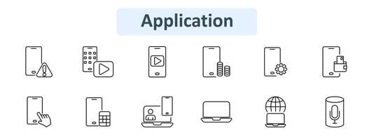 Application set icon. Mobile warning, keypad, play button, coins, settings, wallet, touch, calculator, call, laptop, globe, microphone. Digital interface and utility concept. vector