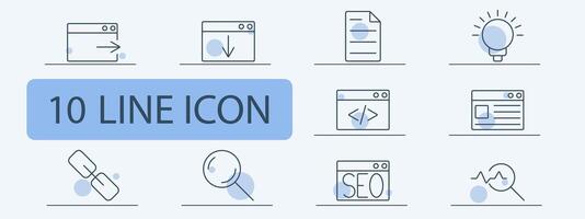 Web and digital marketing line icons set. Browser with arrow, browser download, document, coding, web page, link, magnifying glass, SEO, analytics. Online, internet, technology concept. vector