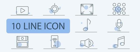 Music and audio line icons set. Play button, target, note, microphone, disk, remote control, speaker, headset, volume control, equalizer. Entertainment, media, sound concept. vector