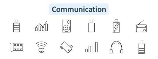 Communication set icon. Battery, growth chart, speaker, power symbol, radio, film strip, wireless signal, vibrating phone, signal bars, headphones. Media, technology, connectivity, broadcasting vector