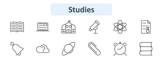 Studies set icon. Open book, online learning, school building, telescope, atom, certificate, bell, cloud question, planet, paperclip, clock, stack of books. Education, science, learning, academic vector