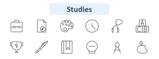 Studies set icon. Briefcase, report card, color palette, clock, jump rope, ABC blocks, trophy, pen, bookmark, globe, compass, apple. School, education, academic achievement, learning tools concept. vector