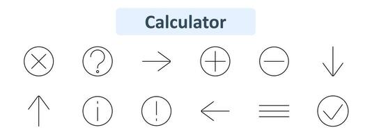 Calculator set icon. Addition, subtraction, multiplication, division, arrows, question mark, exclamation mark, information, equality, tick, cancel. Mathematical operations, calculations, data analysis vector