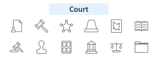 Court set icon. Document with stamp, judge's gavel, sheriff's badge, courthouse, legal document, open book, gavel and block, notary seal, courthouse building, scales of justice vector